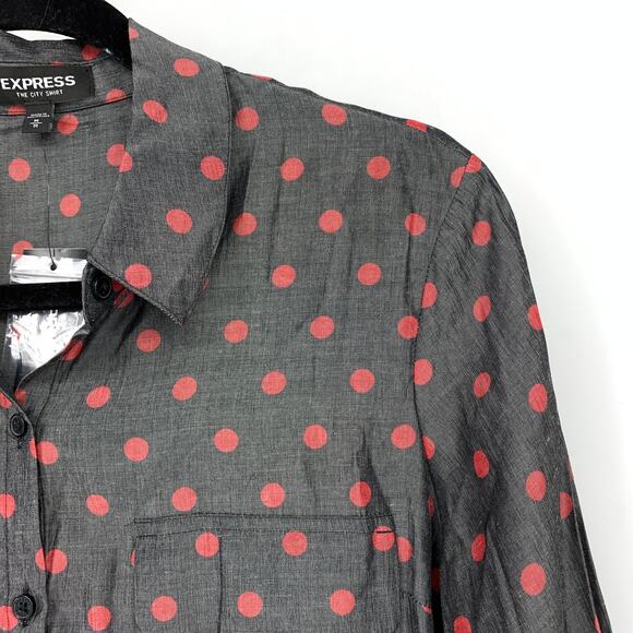 Express The City Shirt Womens Sz M Gray Red Polka Dot Print Button Front NEW - Picture 3 of 7